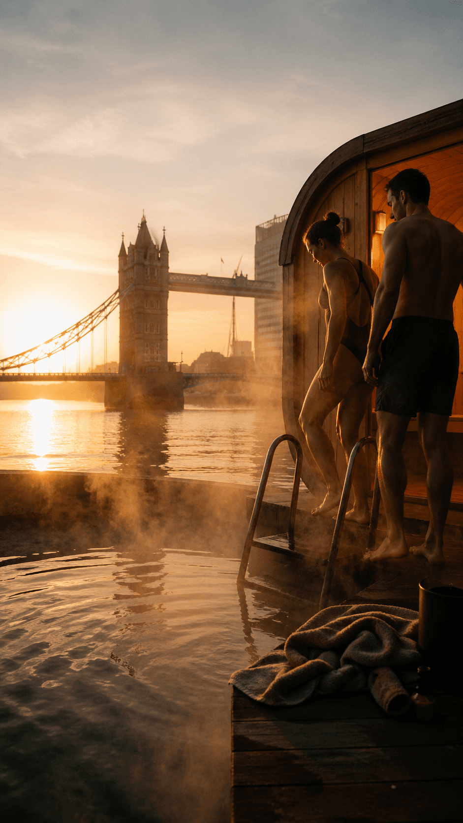 Sunrise cold plunge by Tower Bridge